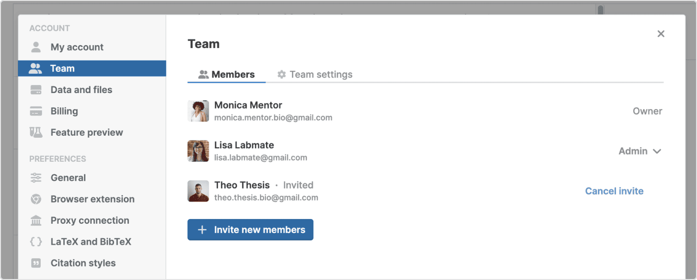 Settings › Team on the Members tab, listing an Owner, an Admin and an invited Member with their avatars and email addresses, a “Cancel invite” link and an “Invite new members” button.